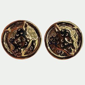 Vintage cougar head gold colored metal disk pierced earrings